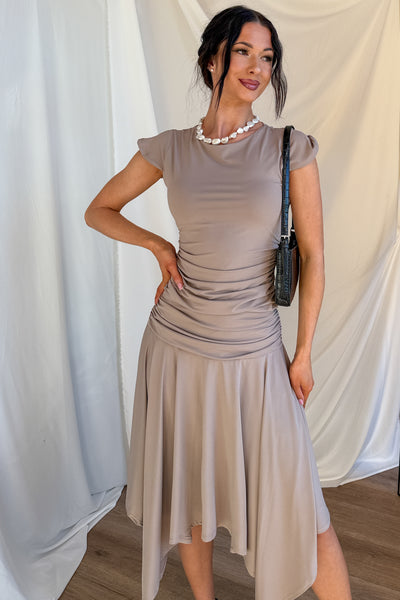 Effortlessly You Ruched Flutter Sleeve Top (Taupe) - NanaMacs
