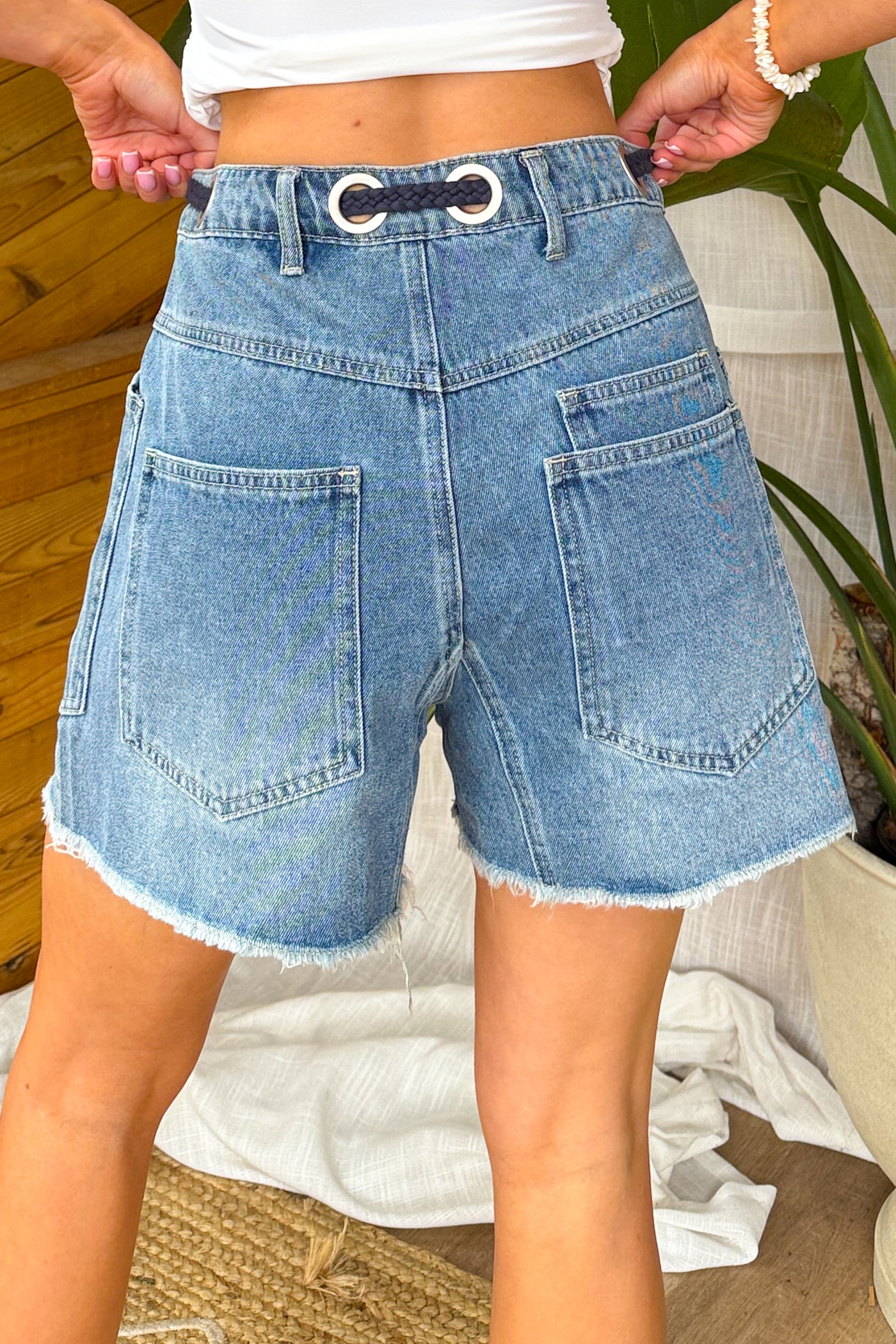 Fraser Braided Drawstring Denim Shorts (Medium Wash) - NanaMacs
