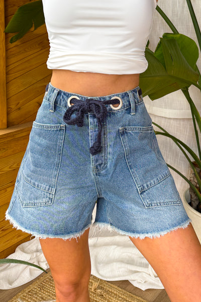 Fraser Braided Drawstring Denim Shorts (Medium Wash) - NanaMacs