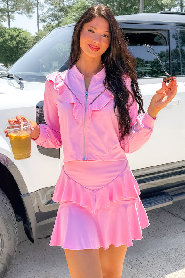 Game On Glam Zip-Up Ruffle Jacket (Pink) - NanaMacs