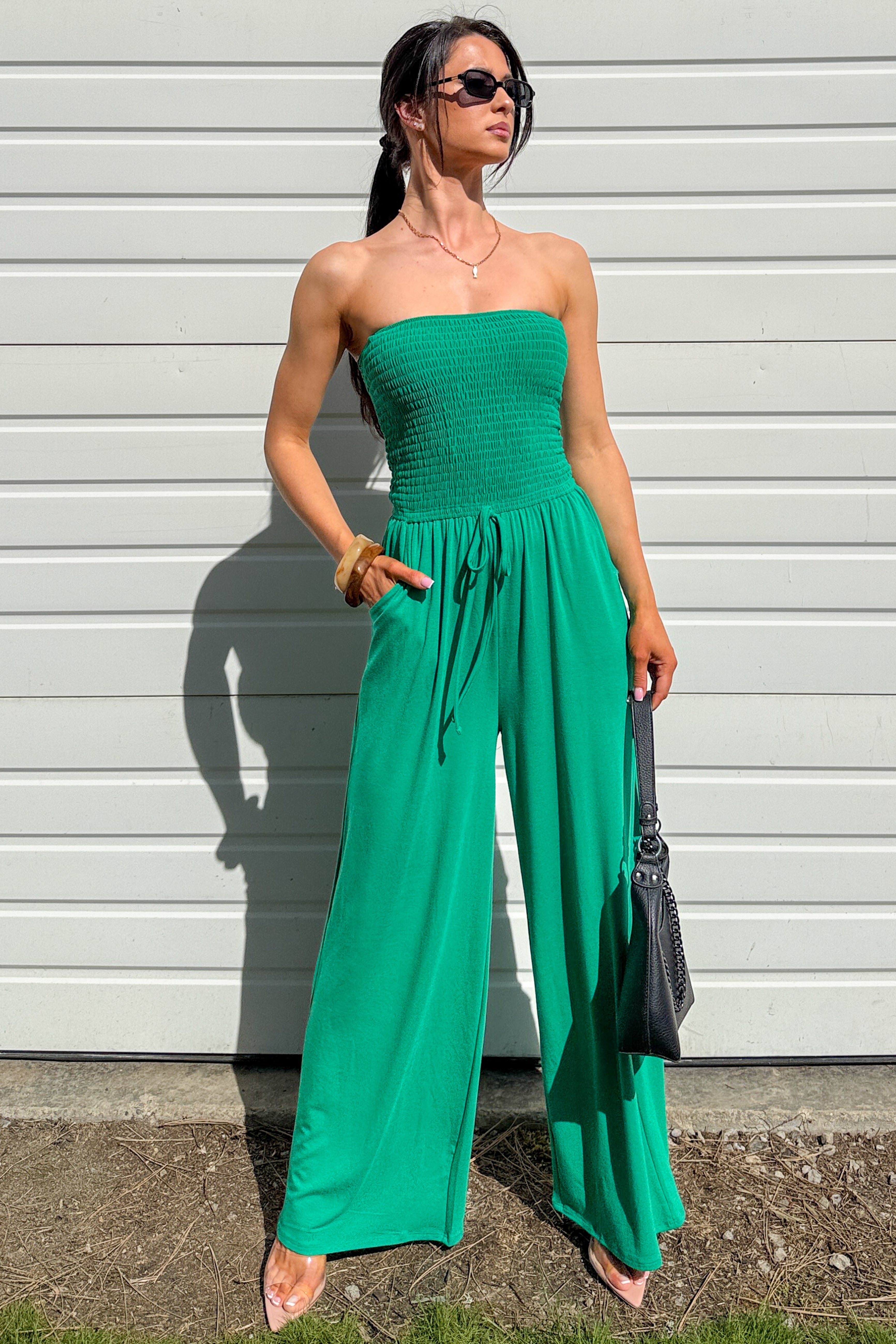 slim fit dress slacks Garden Muse Smocked Strapless Jumpsuit (Kelly Green) · NanaMacs
