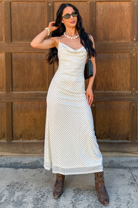 Garden Party Glow Mesh Polka Dot Midi Dress (Ivory)