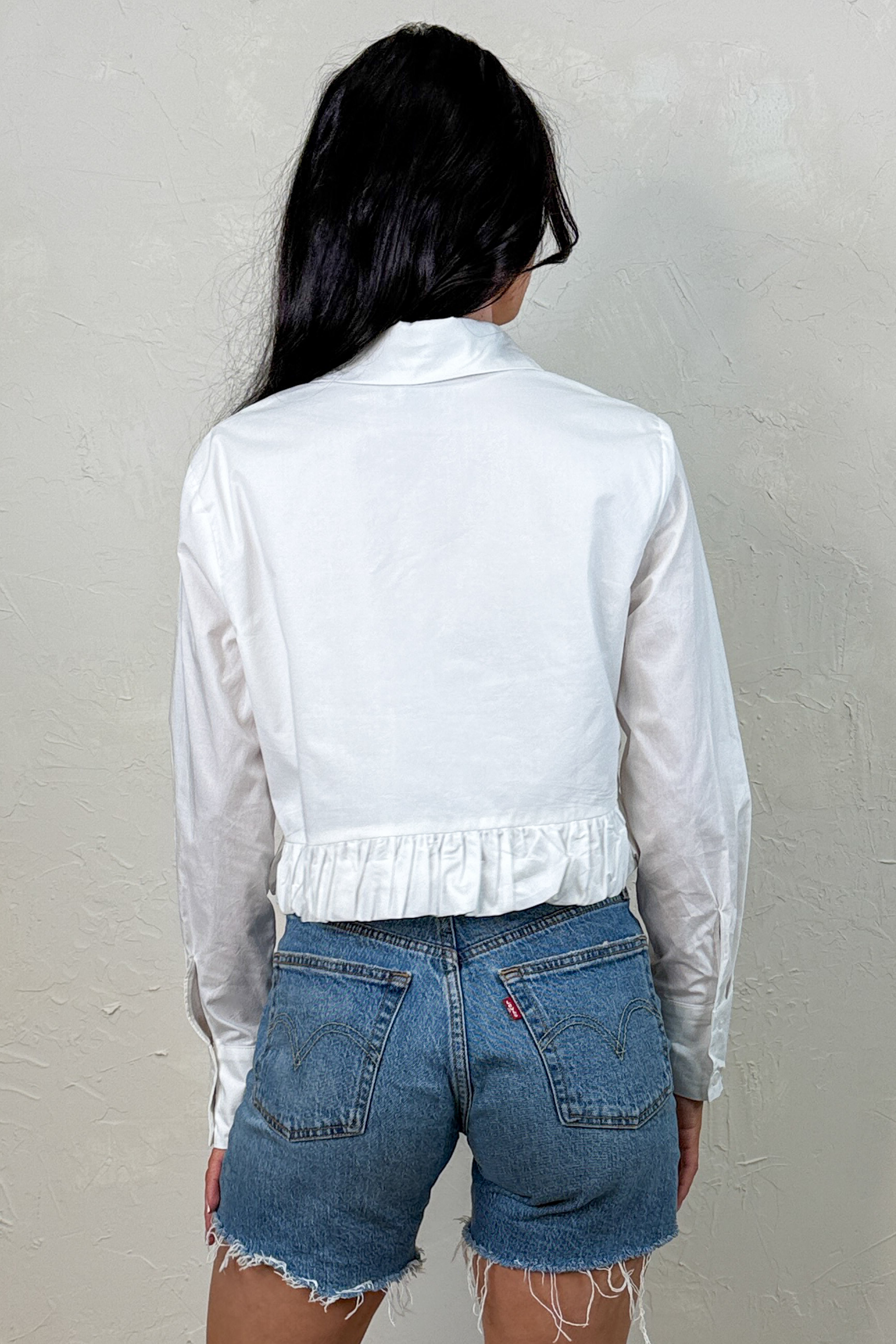 Golden Grace Button Up Ruffle Hem Cotton Blouse (White) - NanaMacs