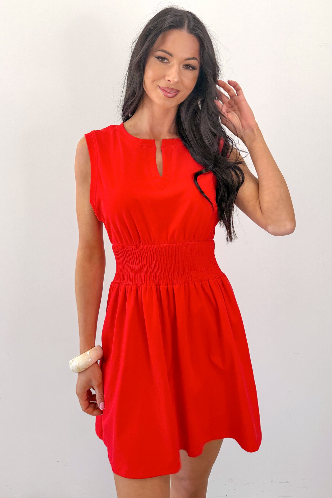 Grace In Motion Smocked Waist V-Neck Mini Dress (Red) - NanaMacs