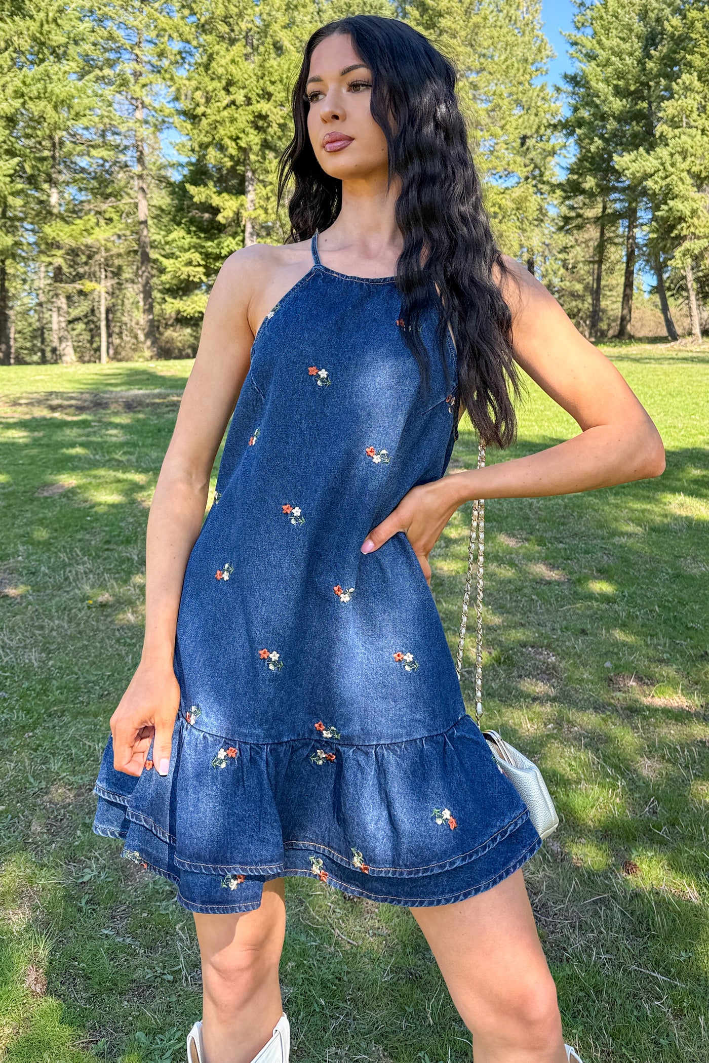 Women's Graceful Grit Halter Floral Mini Dress in Dark Denim