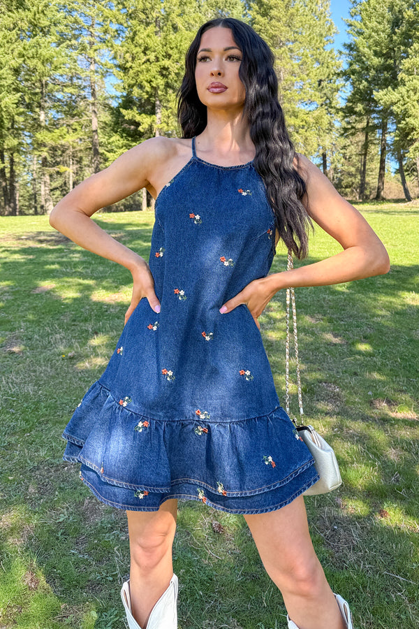 Graceful Grit Halter Floral Mini Dress (Dark Denim) - NanaMacs