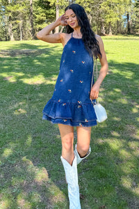 Graceful Grit Halter Floral Mini Dress (Dark Denim) - NanaMacs