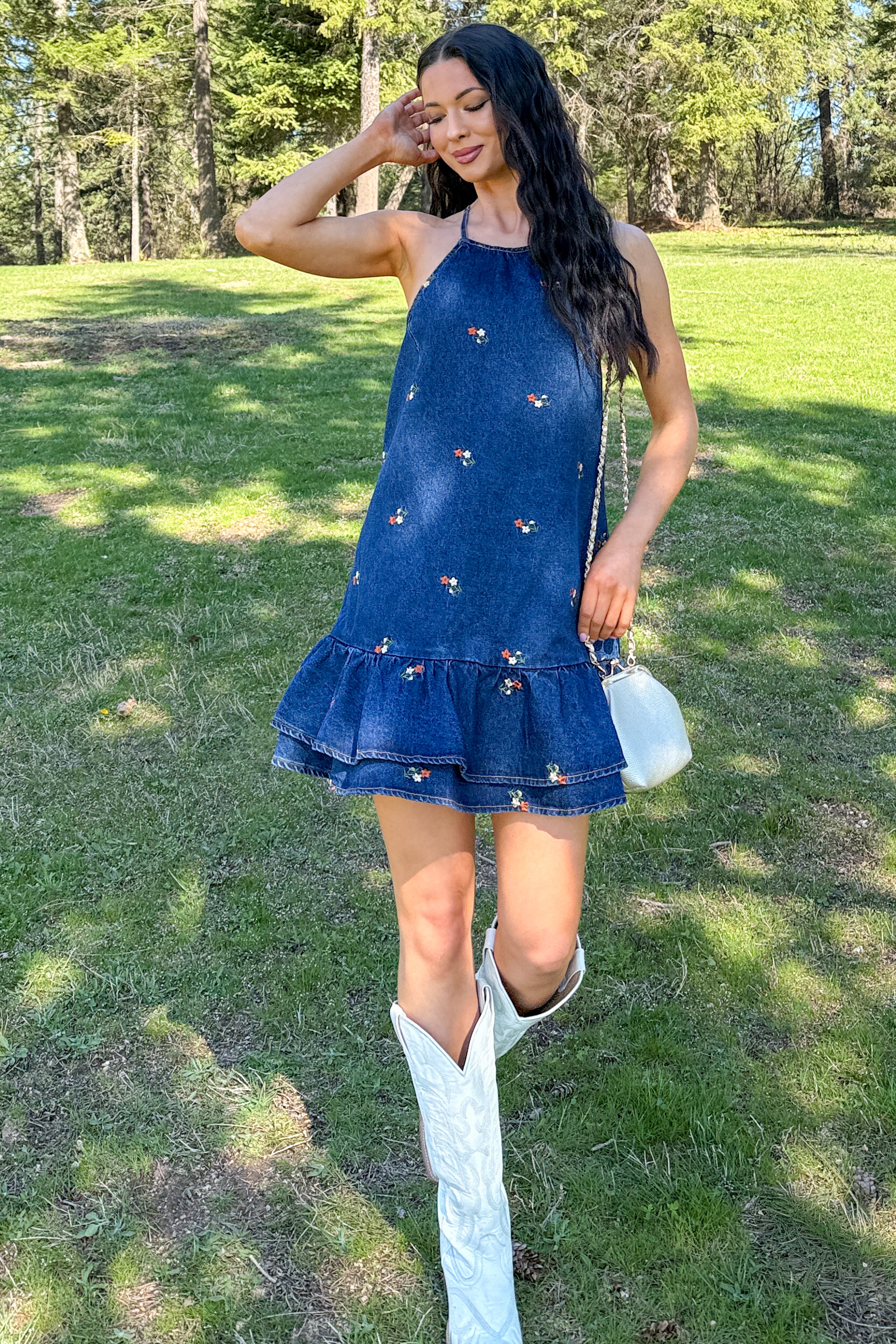 Graceful Grit Halter Floral Mini Dress (Dark Denim) - NanaMacs