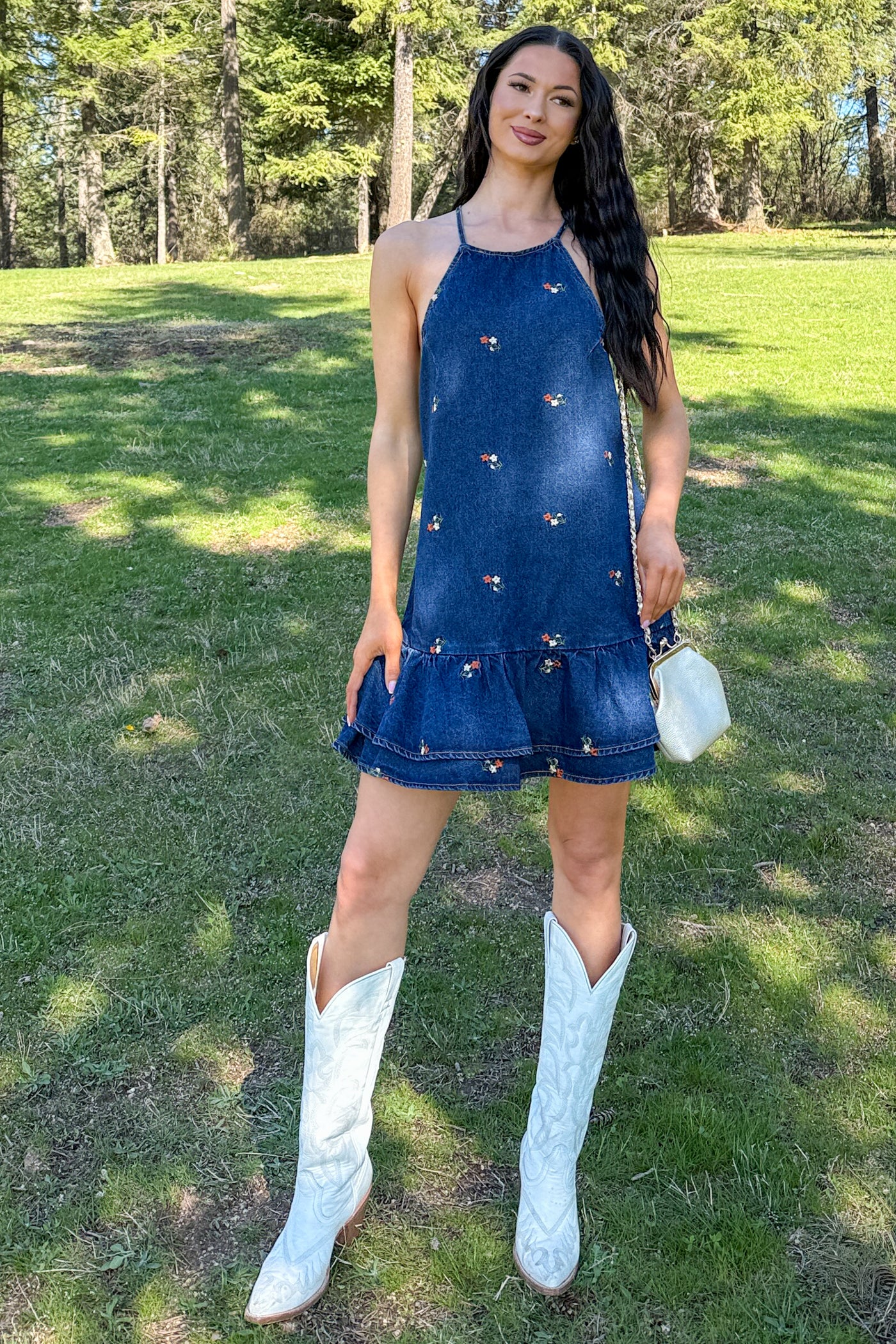 Graceful Grit Halter Floral Mini Dress (Dark Denim) - NanaMacs