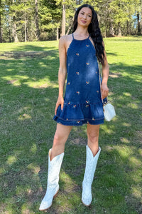 Graceful Grit Halter Floral Mini Dress (Dark Denim) - NanaMacs