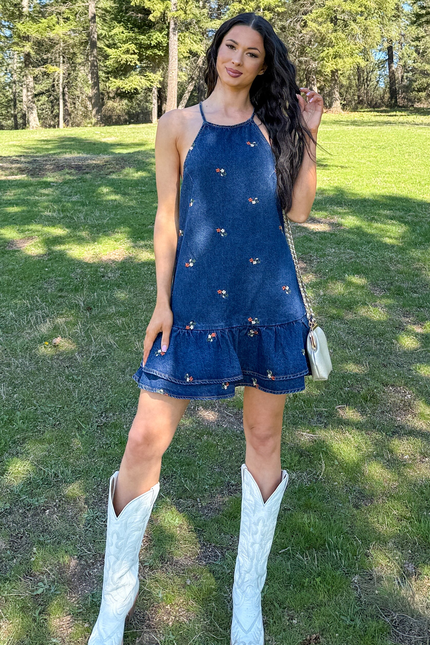 Graceful Grit Halter Floral Mini Dress (Dark Denim) - NanaMacs