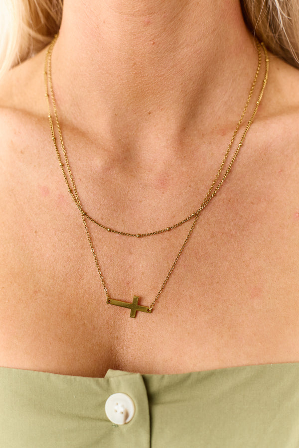 Graceful Glow Cross Pendant Layered Necklace (Gold) - NanaMacs