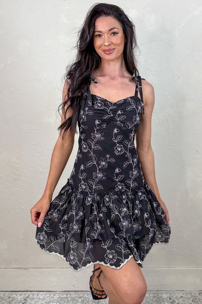 Having It All Floral Embroidered Mini Dress (Black) - NanaMacs