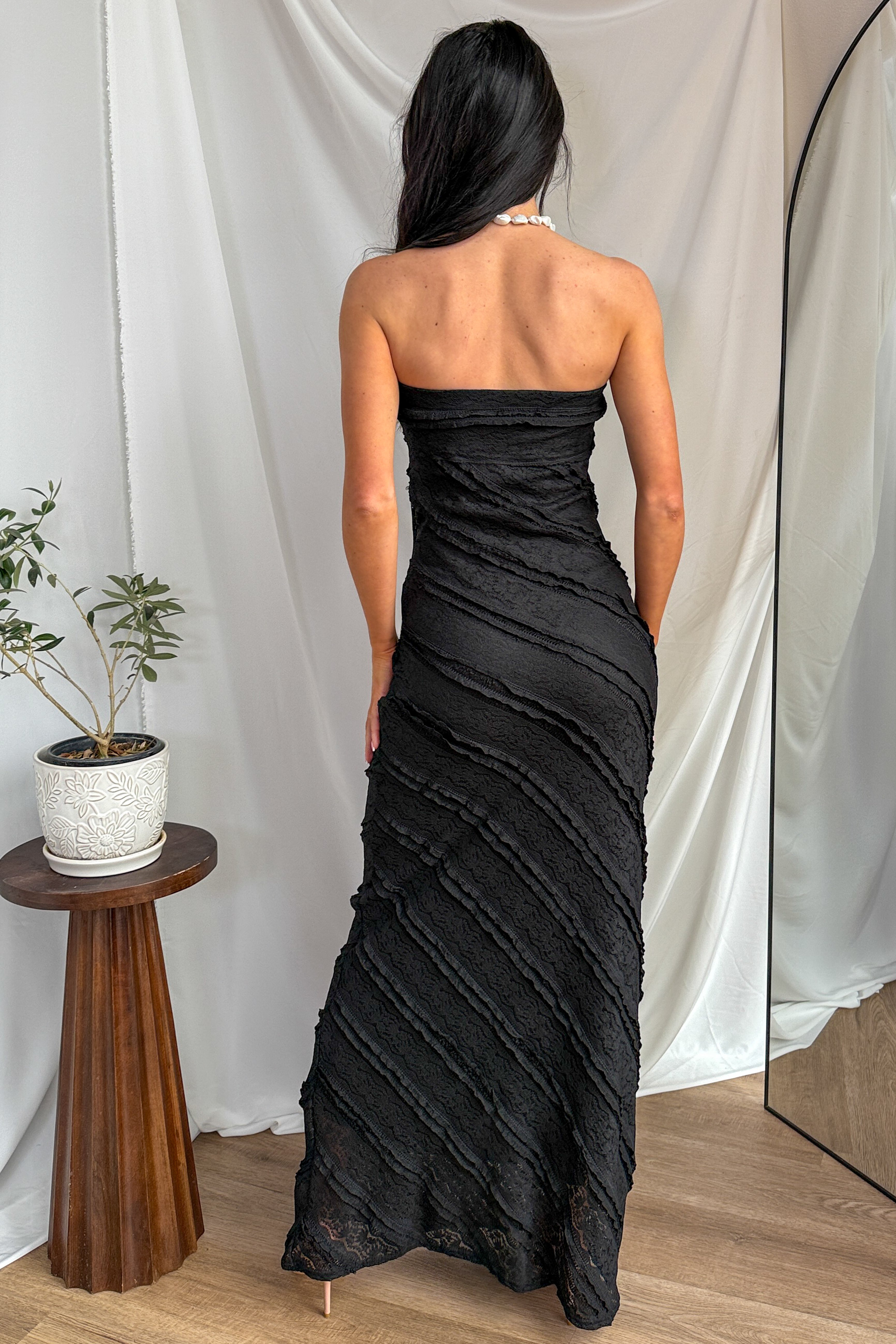 Hear Me Out Lace Strapless Maxi Dress (Black) - NanaMacs