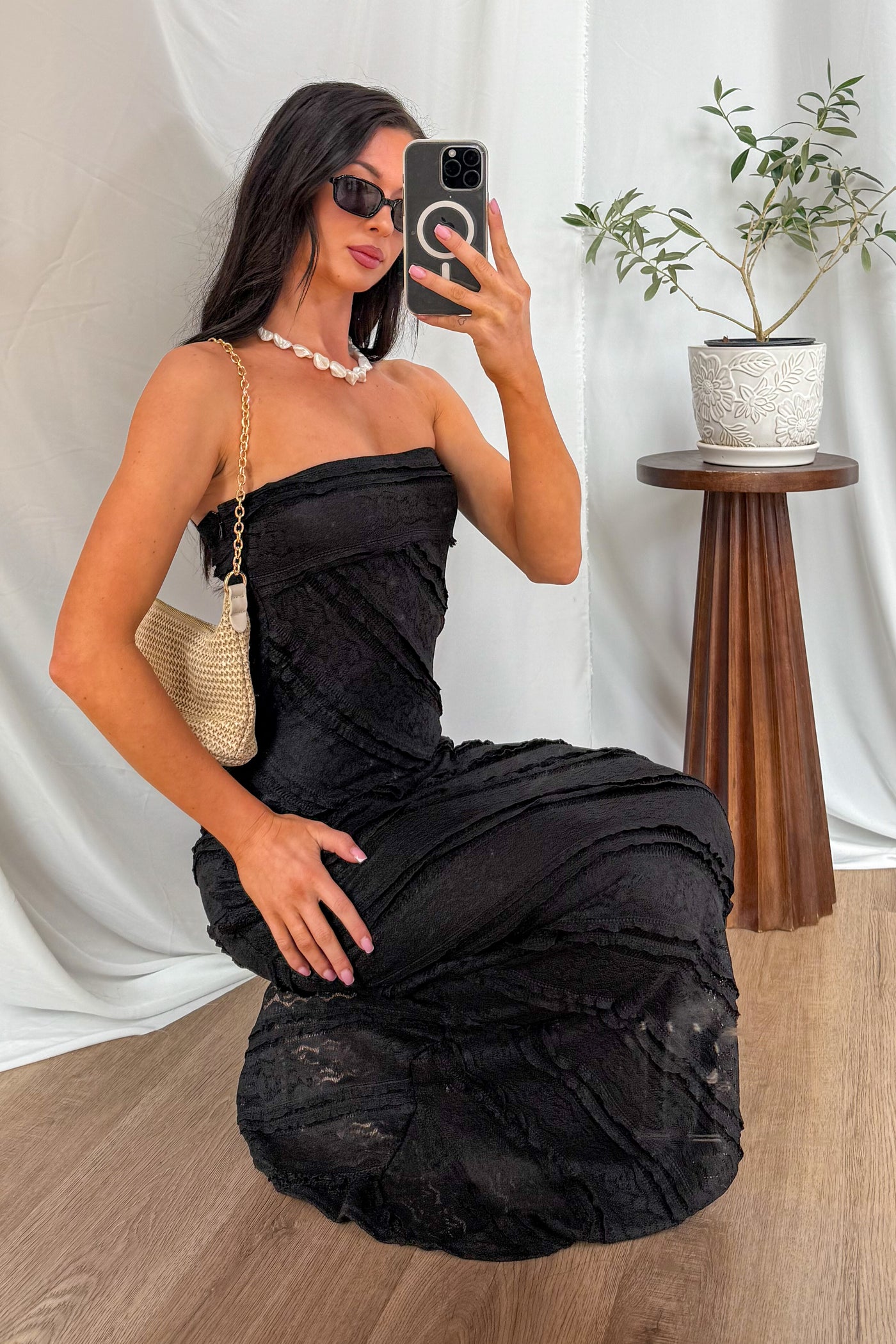Hear Me Out Lace Strapless Maxi Dress (Black) - NanaMacs