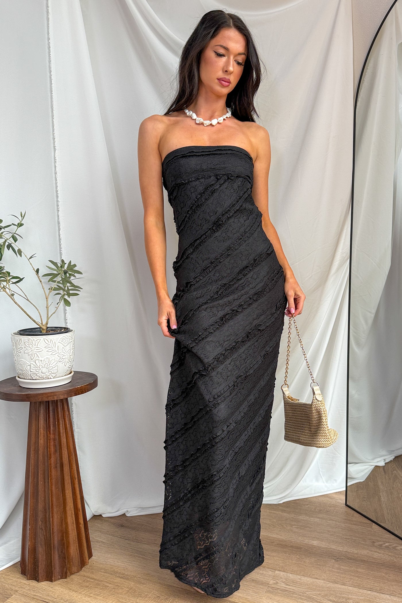 Hear Me Out Lace Strapless Maxi Dress (Black) - NanaMacs