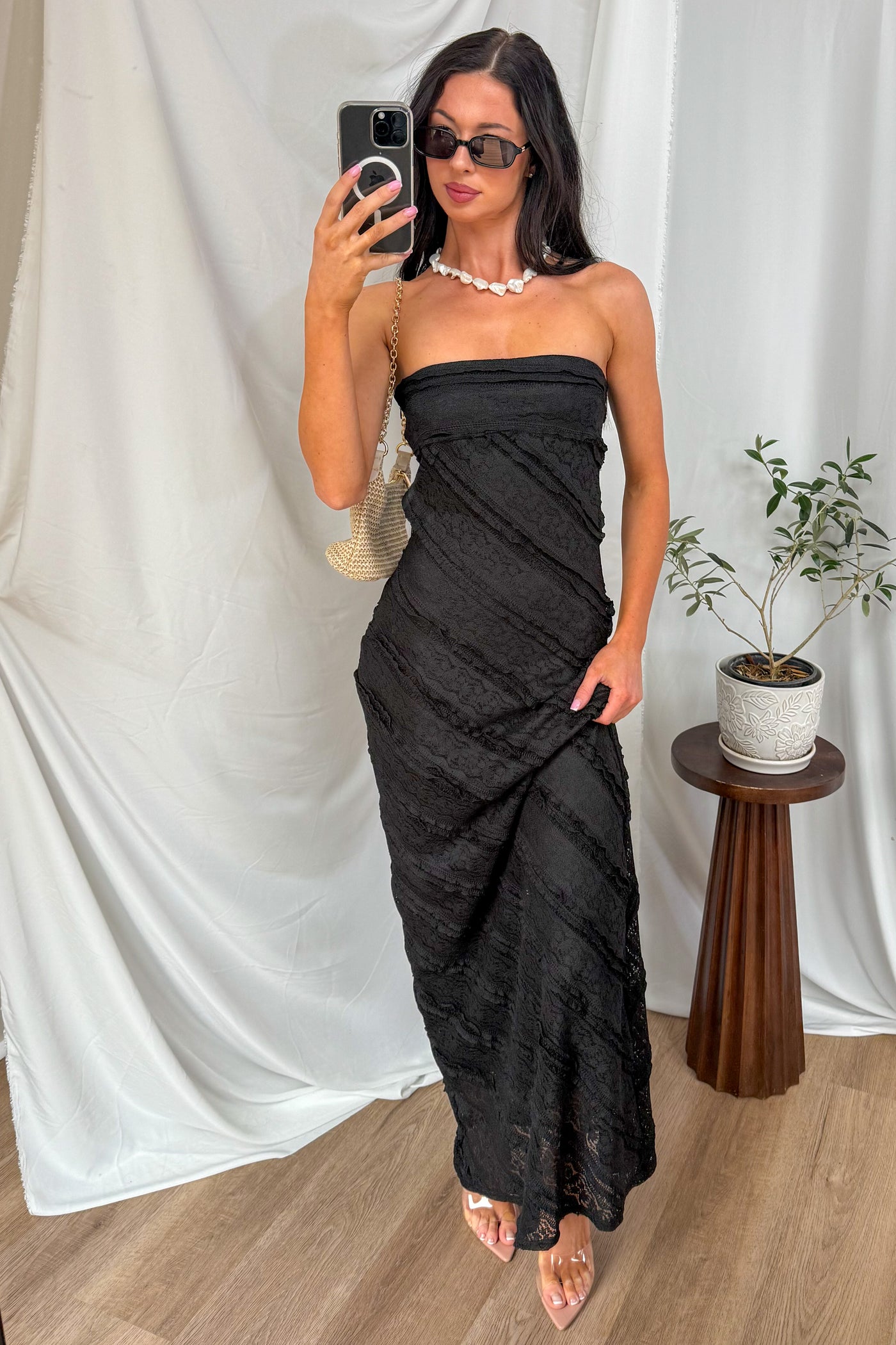 Hear Me Out Lace Strapless Maxi Dress (Black) - NanaMacs