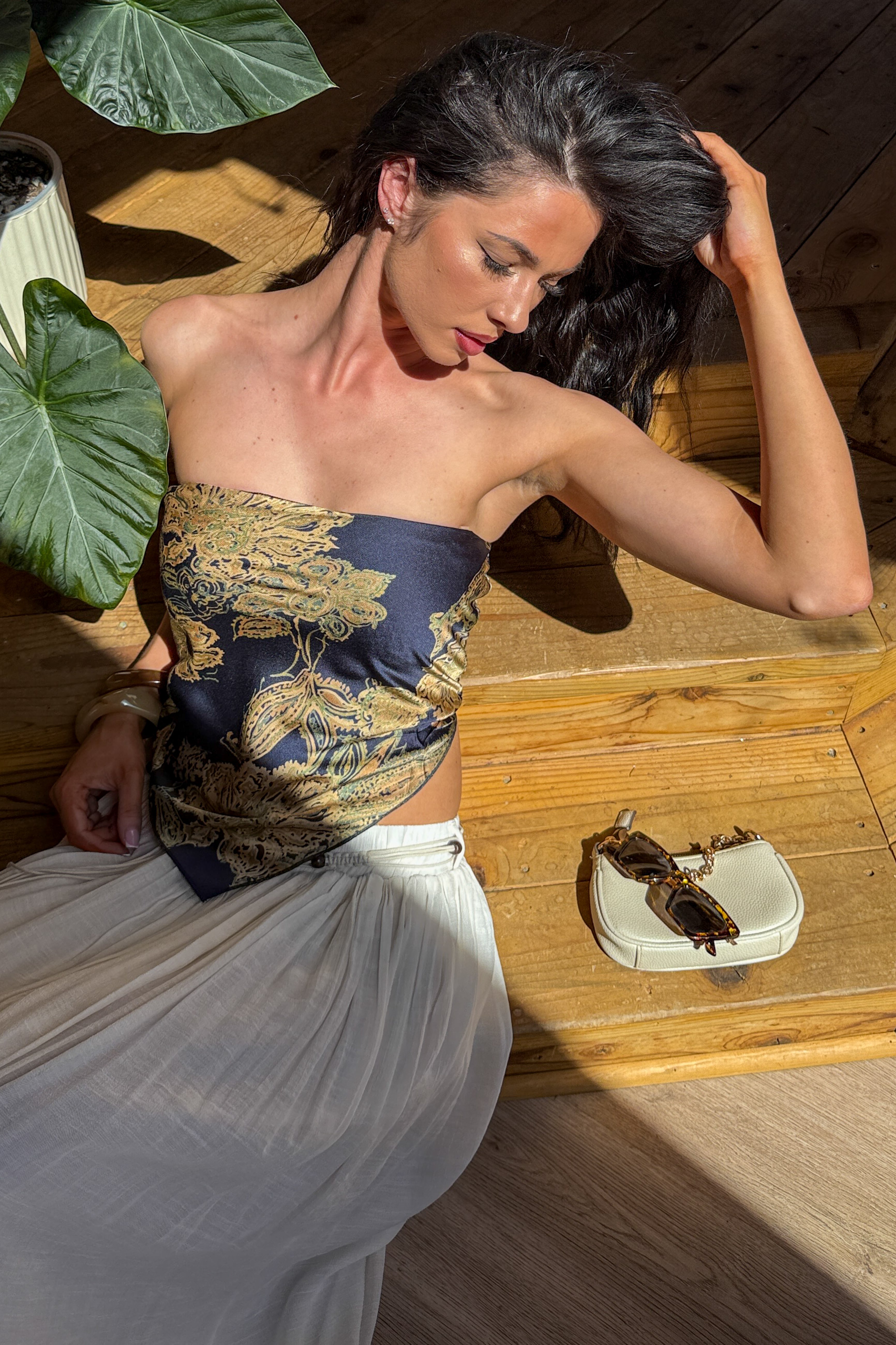 Hideaway Honey Paisley Satin Bandana Strapless Top (Navy) - NanaMacs