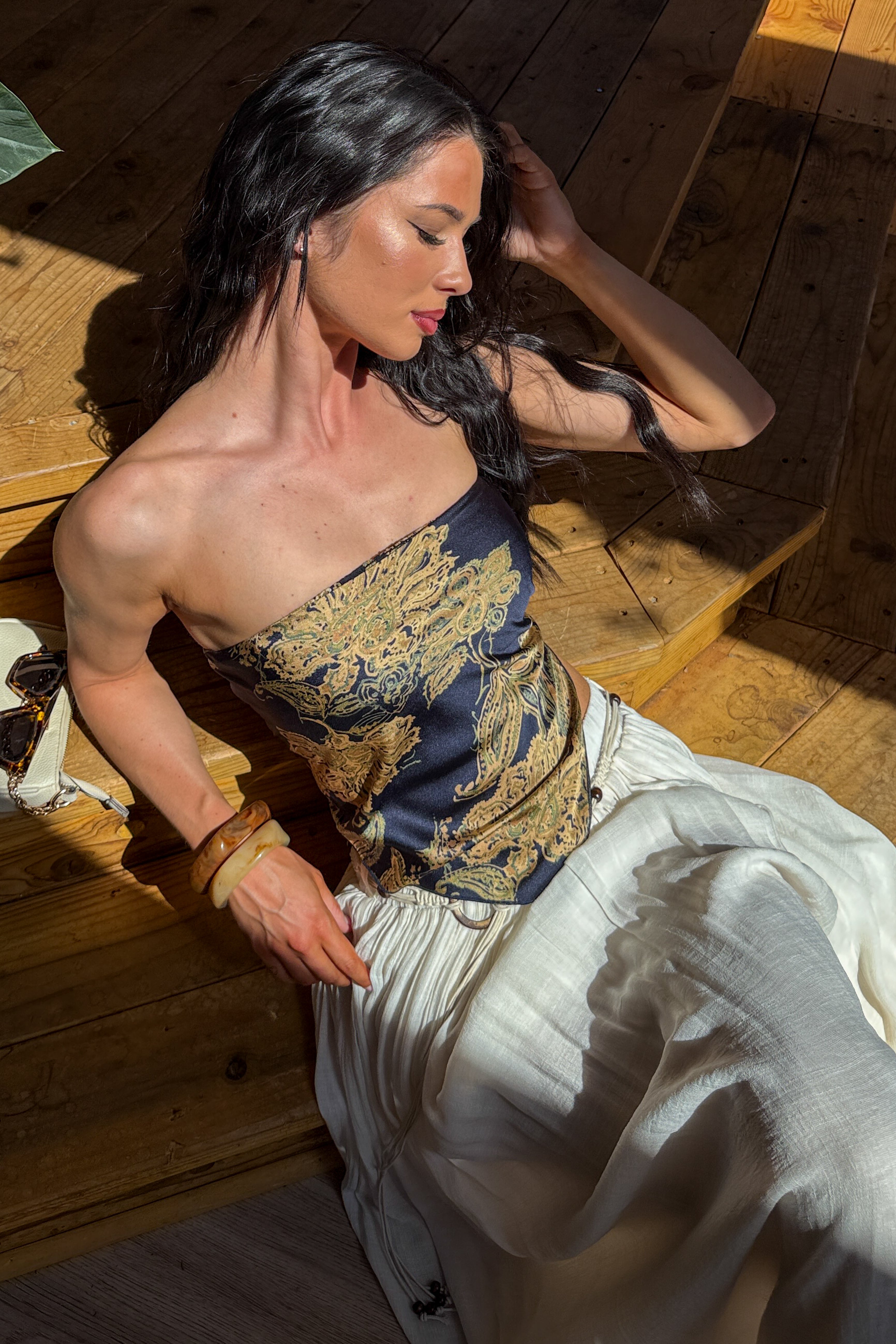 Hideaway Honey Paisley Satin Bandana Strapless Top (Navy) - NanaMacs