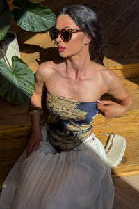 Hideaway Honey Paisley Satin Bandana Strapless Top (Navy) - NanaMacs