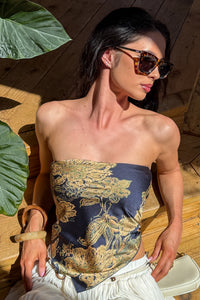 Hideaway Honey Paisley Satin Bandana Strapless Top (Navy) - NanaMacs