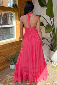 Hint Of Honey Halter Neck Maxi Dress (Coral Red) - NanaMacs