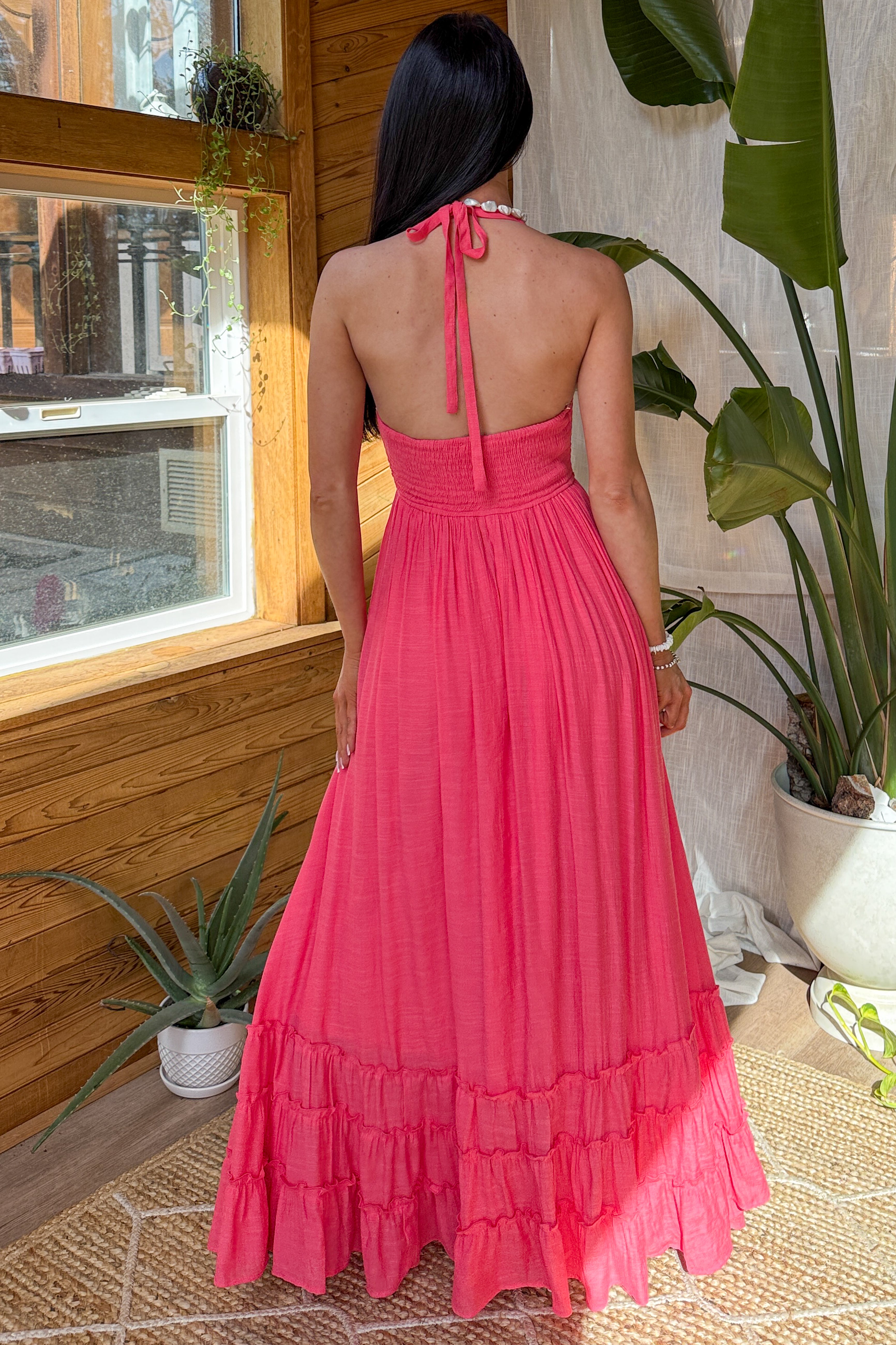 Hint Of Honey Halter Neck Maxi Dress (Coral Red) - NanaMacs