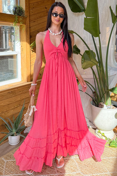 Hint Of Honey Halter Neck Maxi Dress (Coral Red)