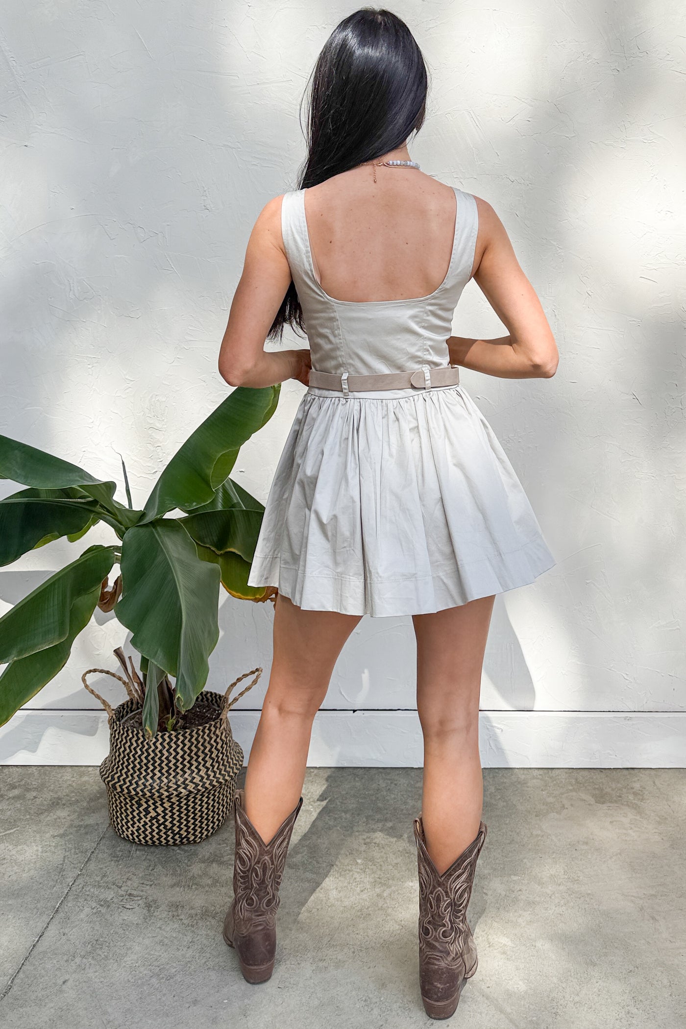 Hit Your Stride A-Line Belted Poplin Mini Dress (Oyster) - NanaMacs