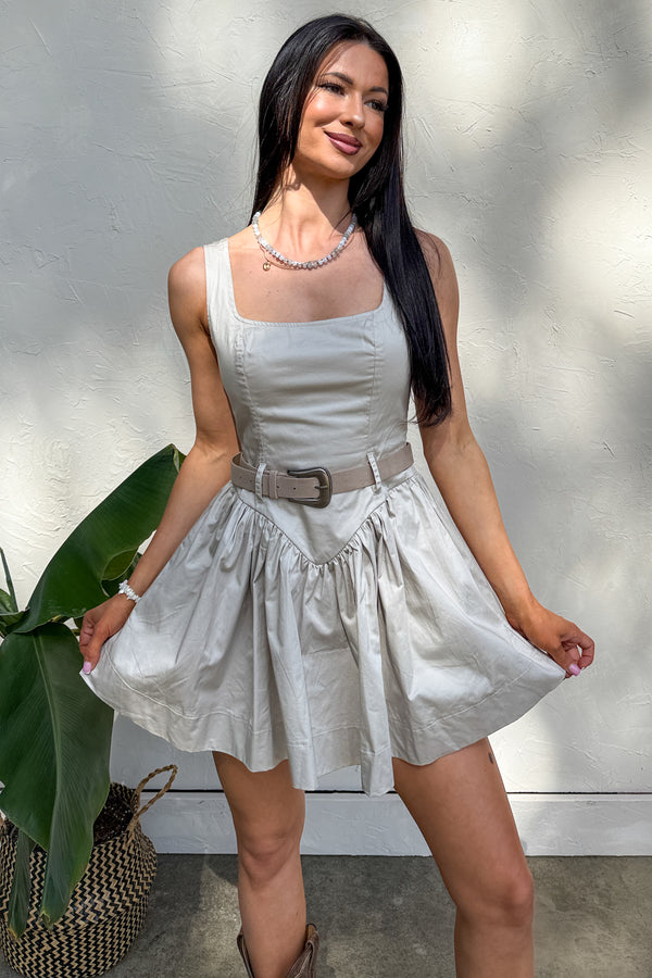 Hit Your Stride A-Line Belted Poplin Mini Dress (Oyster) - NanaMacs