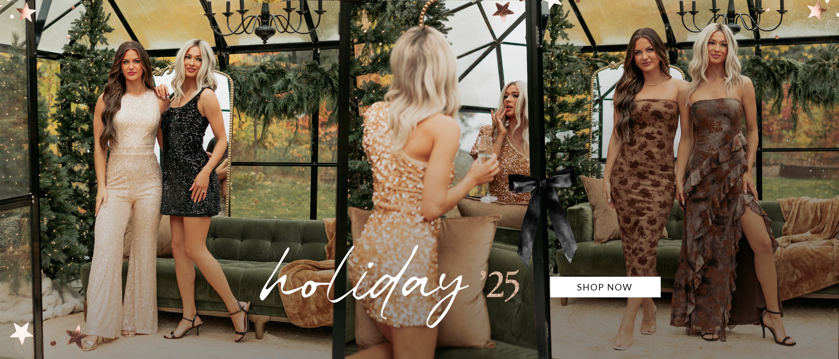 Two women in holiday-themed outfits standing in a decorated room with 'holiday 25' text.