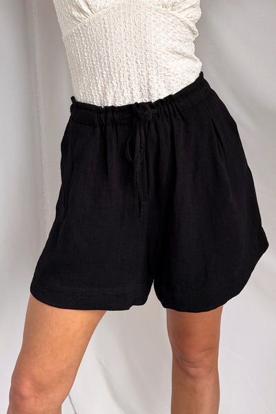 Homebody Mood Pleated Drawstring Shorts (Black) - NanaMacs