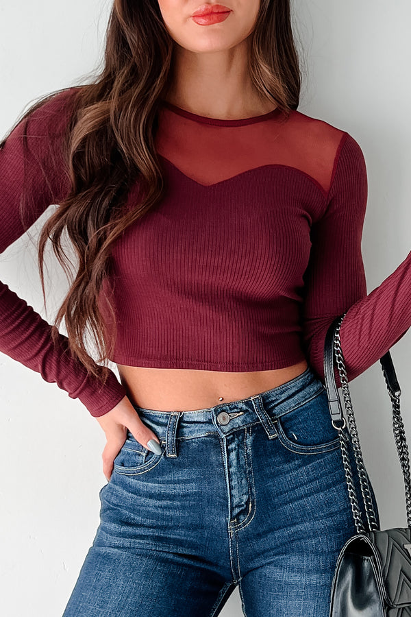 DOORBUSTER How Fitting Mesh Contrast Long Sleeve Top (Wine) - NanaMacs