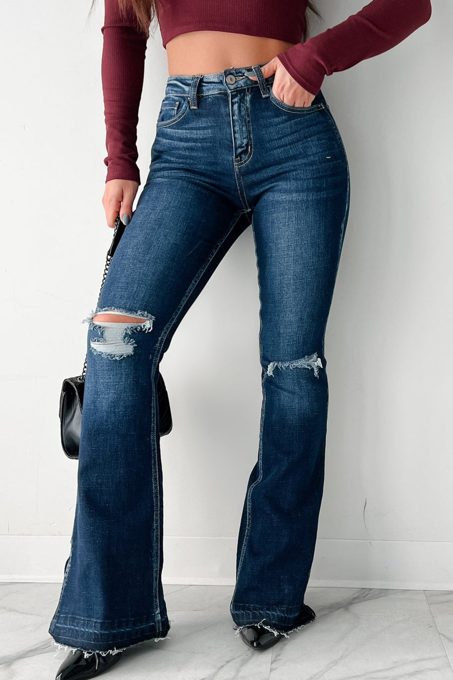 Bowen High Rise Distressed Kancan Flare Jeans (Dark) - NanaMacs