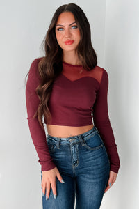 DOORBUSTER How Fitting Mesh Contrast Long Sleeve Top (Wine) - NanaMacs