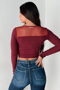 DOORBUSTER How Fitting Mesh Contrast Long Sleeve Top (Wine) - NanaMacs