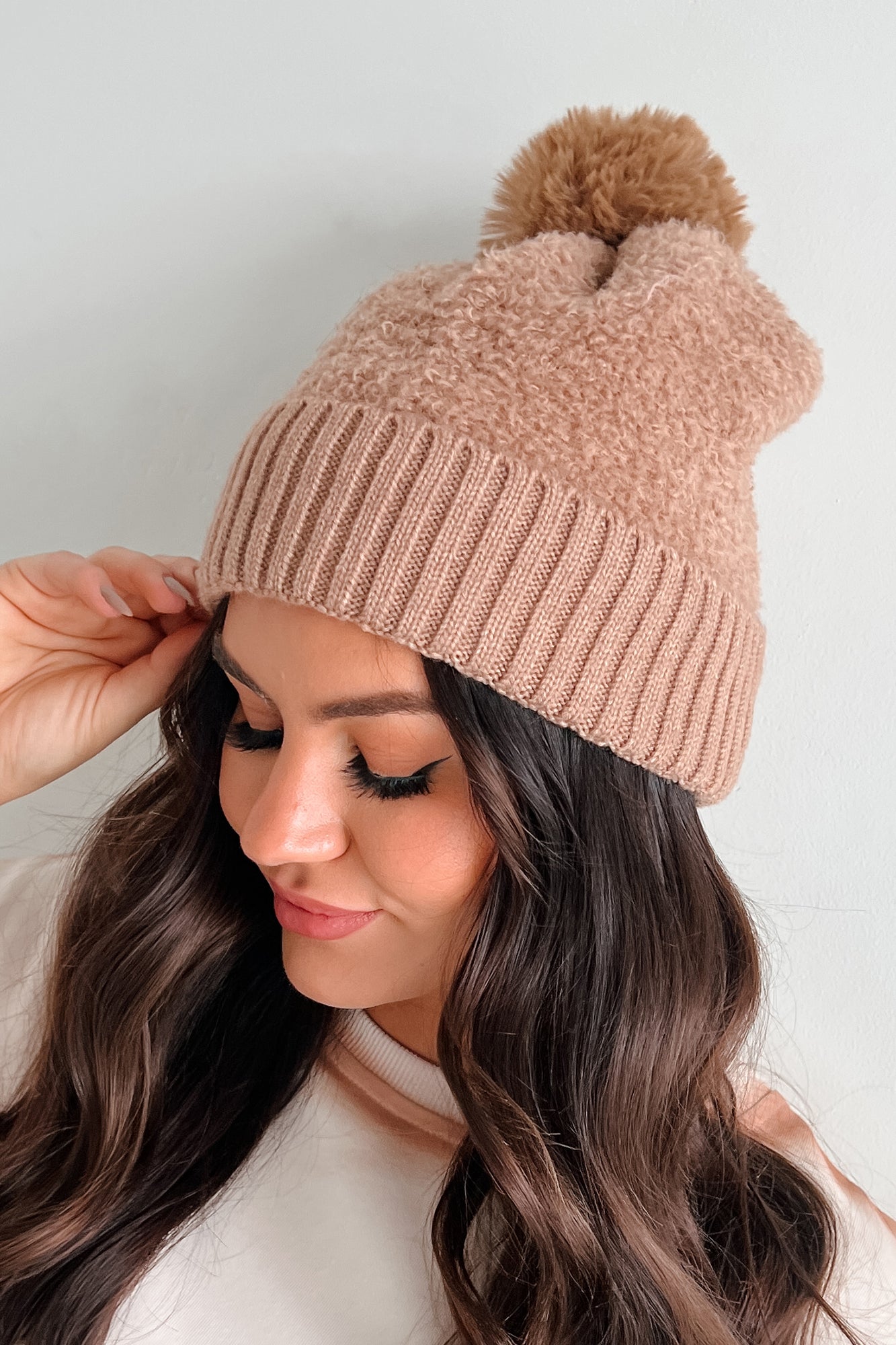 Toast To Winter Faux Teddy Pom Beanie (Camel)