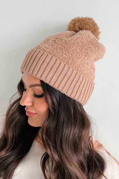 Toast To Winter Faux Teddy Pom Beanie (Camel) - NanaMacs