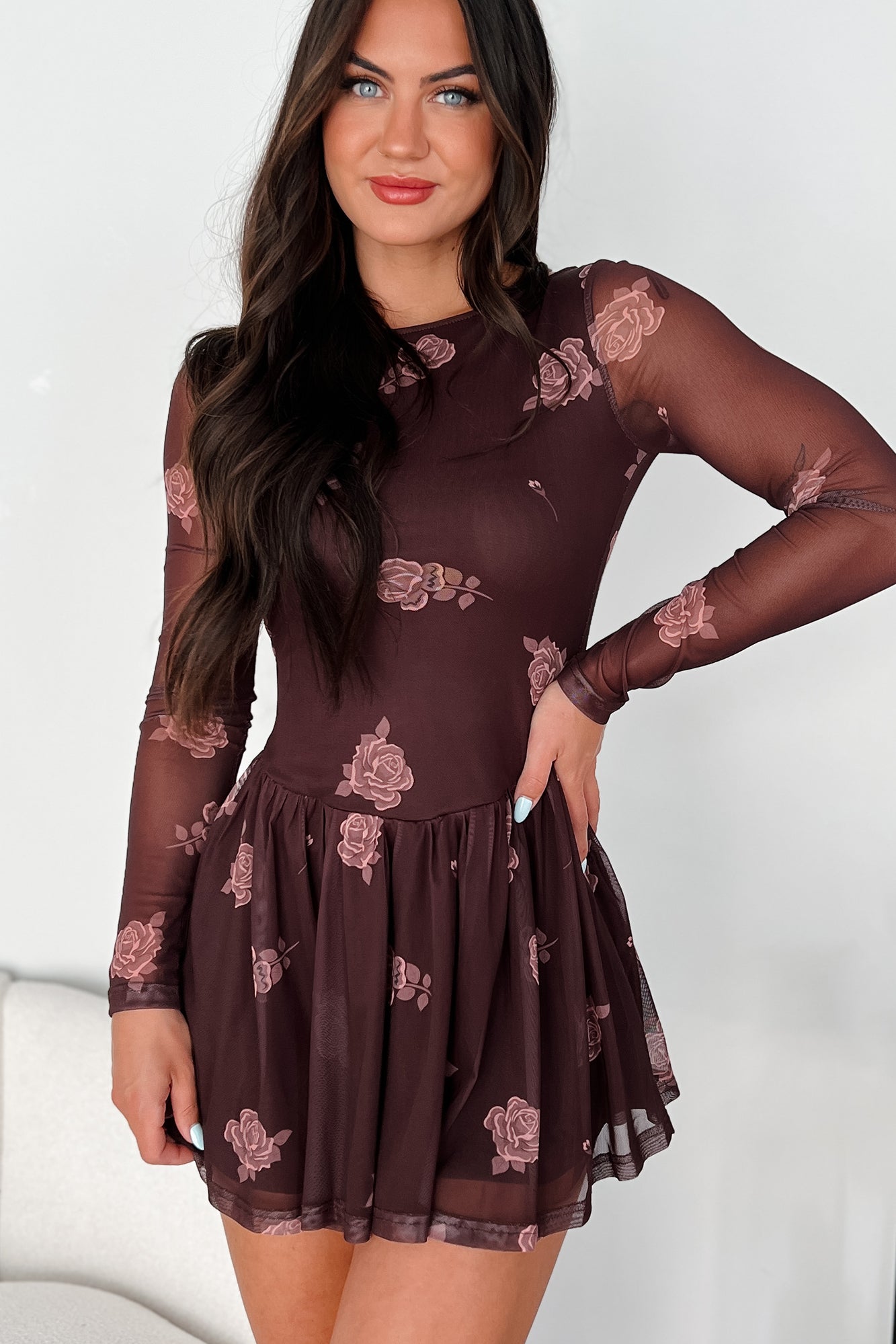 Stylish Intentions Floral Mesh Mini Dress (Brown) - NanaMacs