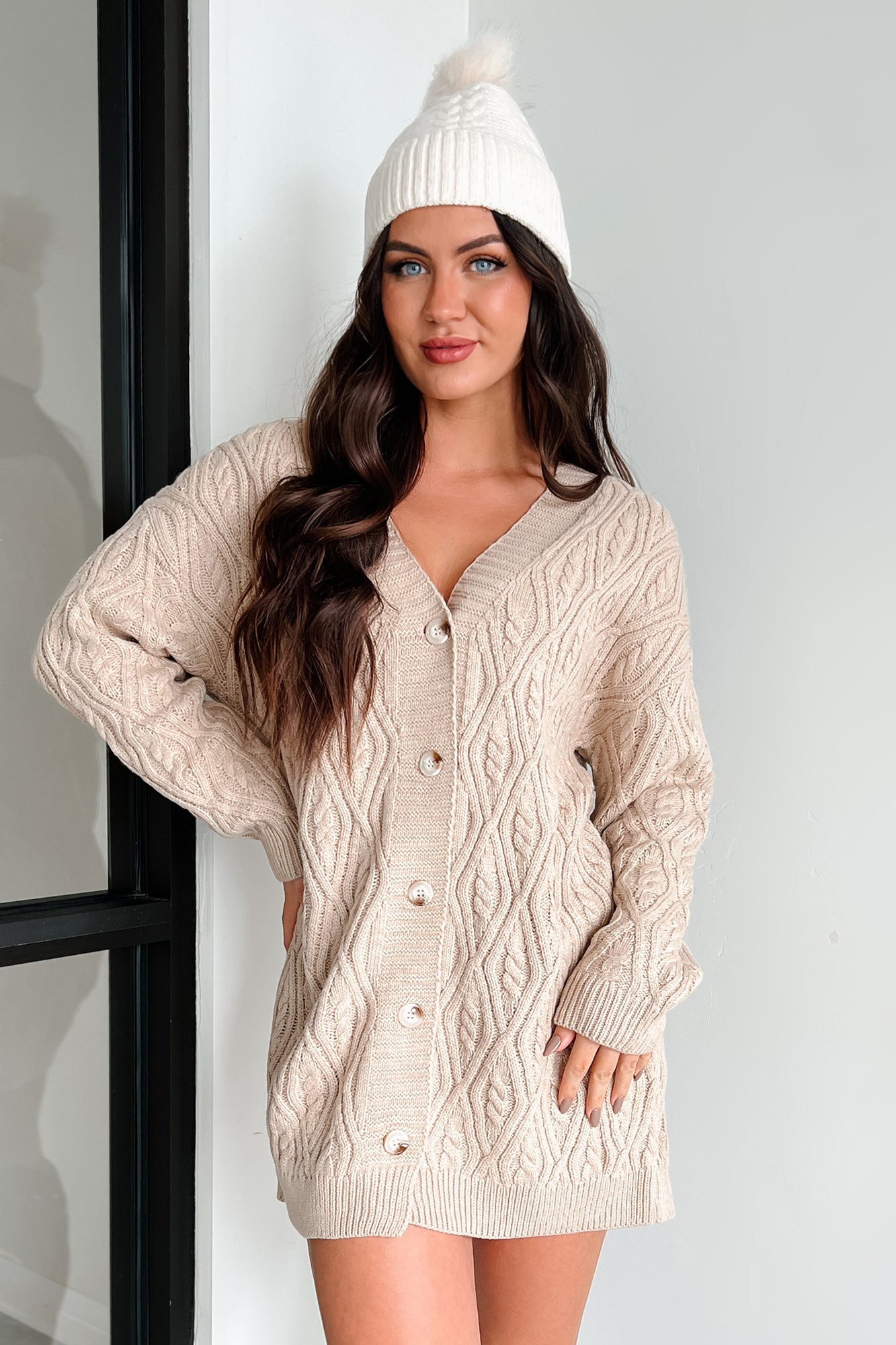 Hiding From The Cold Cable Knit Cardigan (Taupe) - NanaMacs