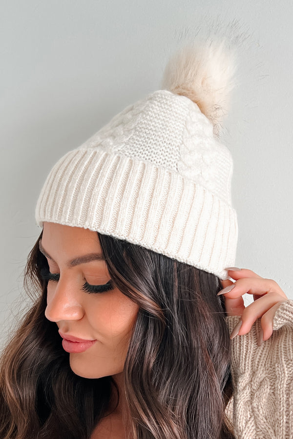 Snowflake Kisses Cable Knit Pom Beanie (Ivory) - NanaMacs