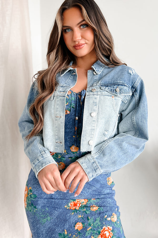 Ain't Looking For Love Half Wash Denim Crop Jacket (Blue) - NanaMacs