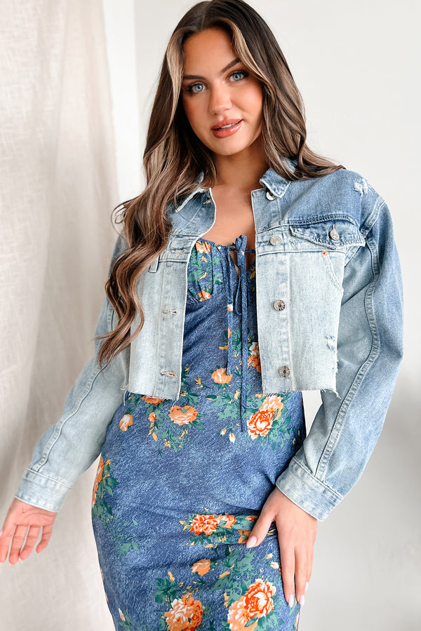 Ain't Looking For Love Half Wash Denim Crop Jacket (Blue) - NanaMacs