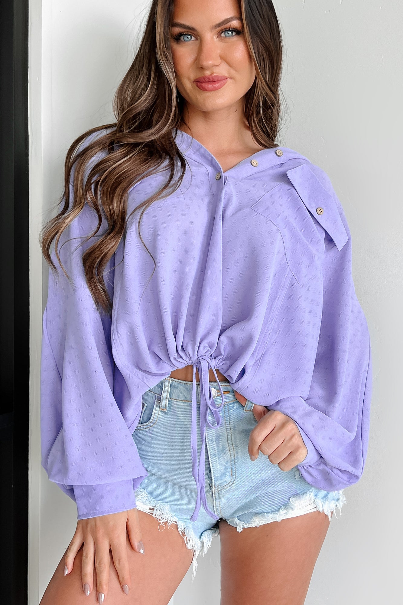 Judia Hooded Drawstring Top (Periwinkle) - NanaMacs