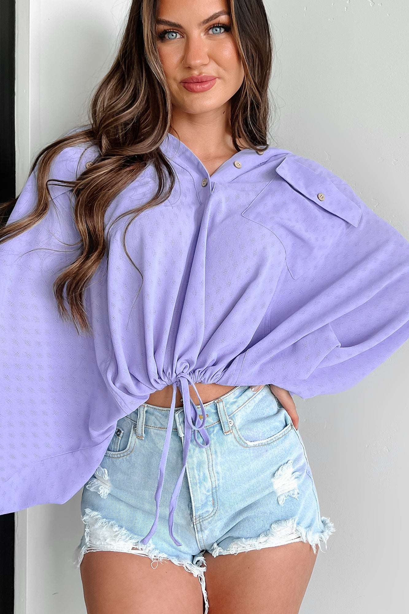 Judia Hooded Drawstring Top (Periwinkle) - NanaMacs