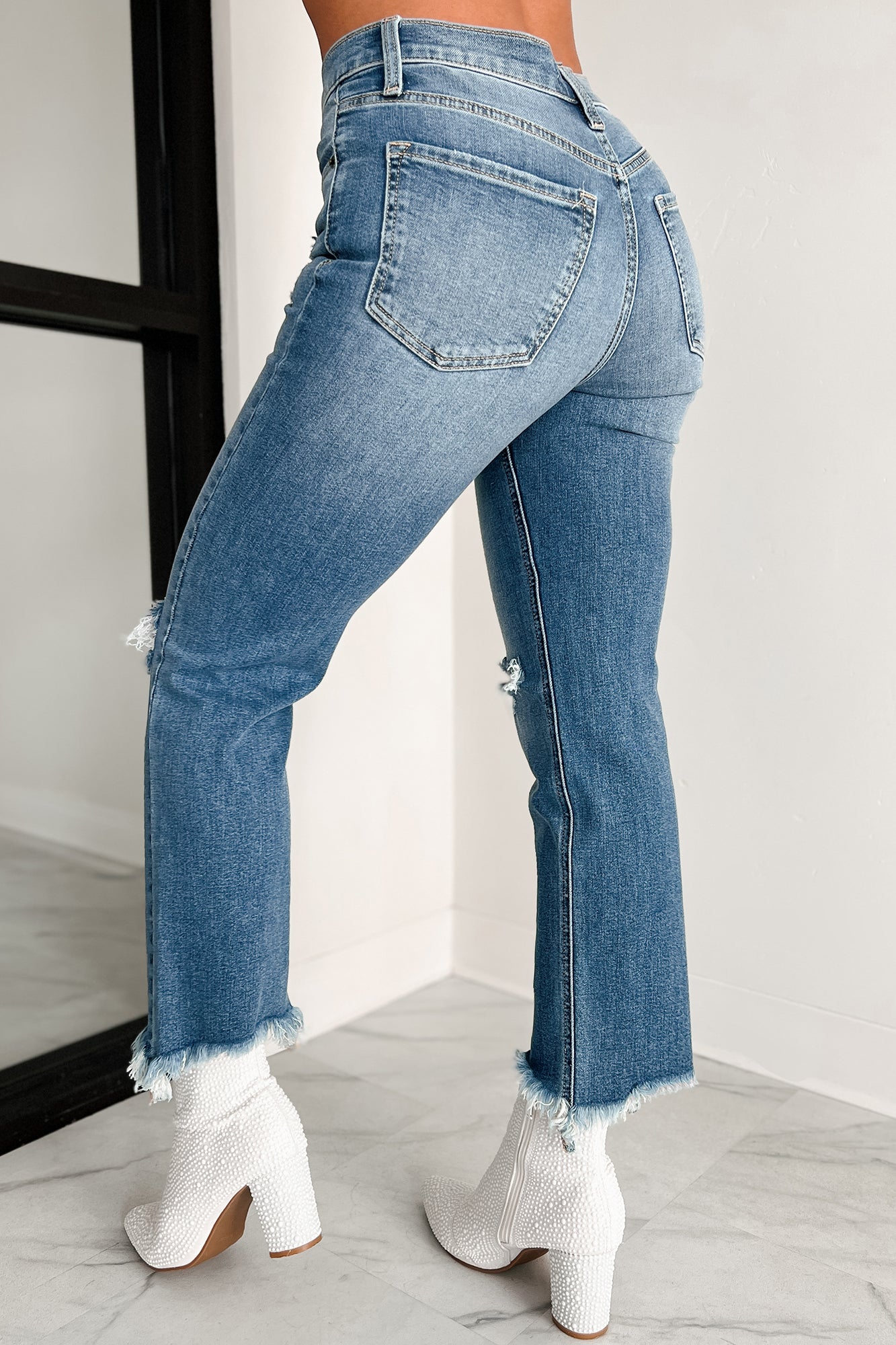 Melbourne High Rise Distressed Sneak Peek Straight Leg Jeans (Medium Light) - NanaMacs