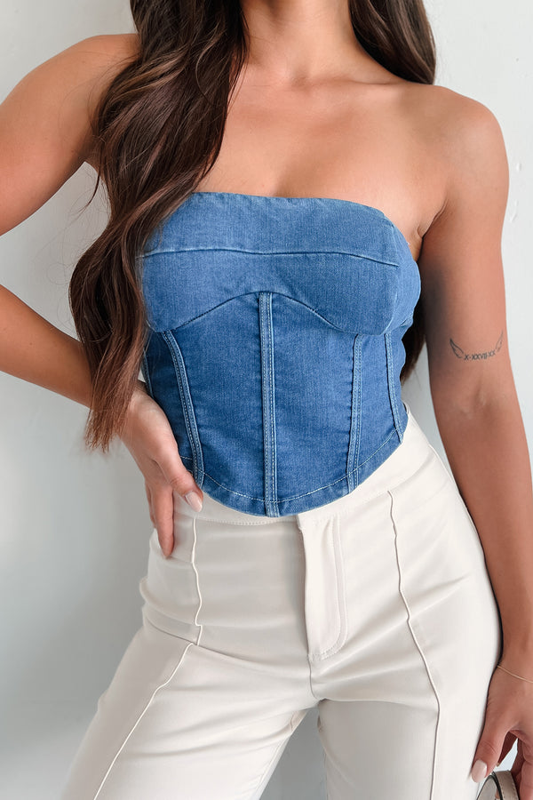 Burned Bridges Strapless Denim Crop Top (Medium-Light Denim) - NanaMacs