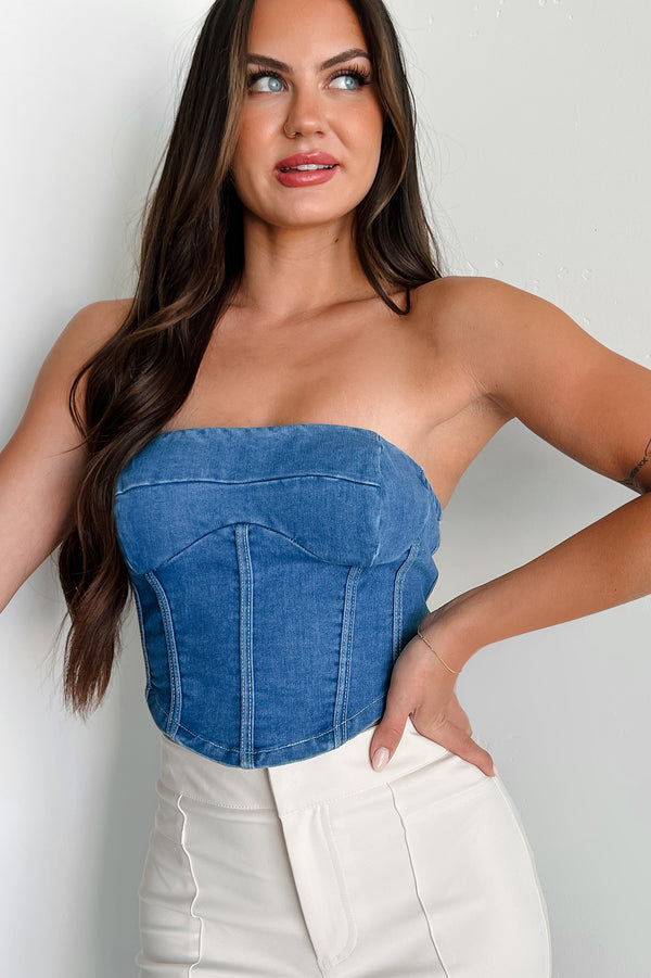 Burned Bridges Strapless Denim Crop Top (Medium-Light Denim) - NanaMacs