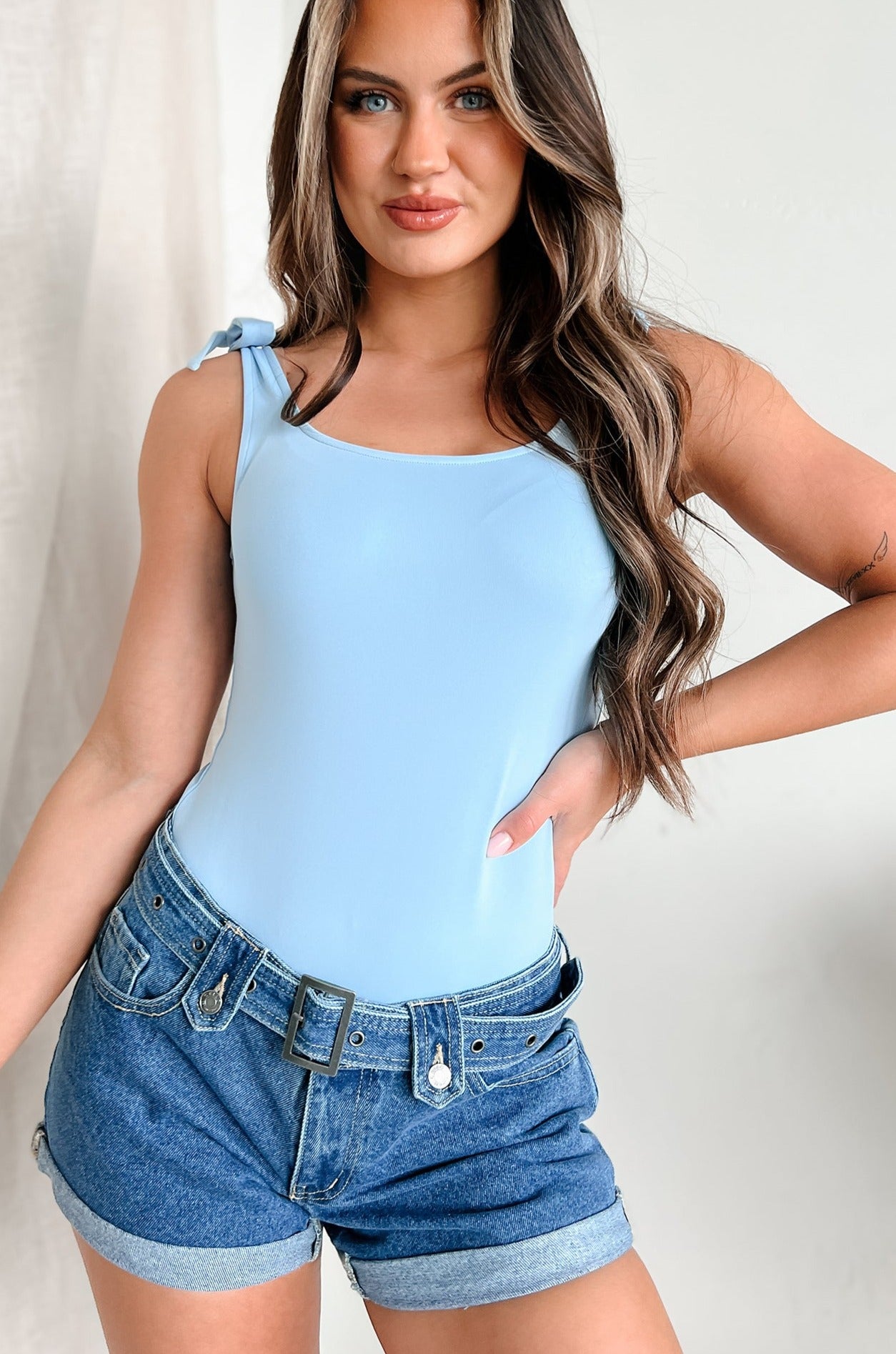 Born With Style Bow Detail Tank Bodysuit (Baby Blue) - NanaMacs