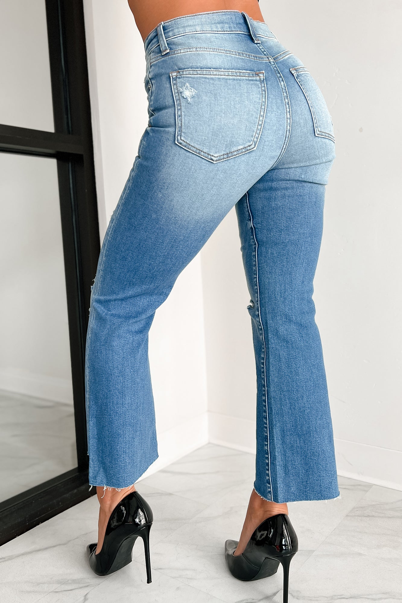 DOORBUSTER Tallahassee High Rise Sneak Peek Crop Kick Flare Jeans (Medium Light) - NanaMacs